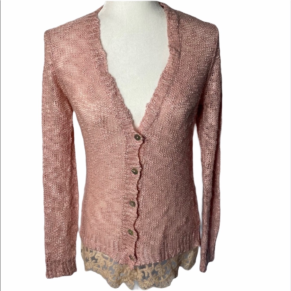 QED London Cardigan Sweater Small Dusty Pink Lace Trim Loose Knit Spring Summer